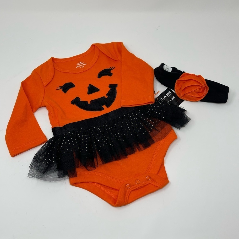 HALLOWEEN COSTUME PUMPKIN LONG SLEEVE TUTU W/ HEAD BAND 0-3 MONTHS